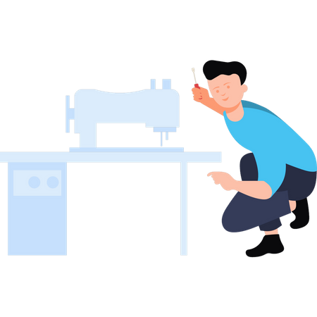 Técnico arreglando máquina de coser  Ilustración