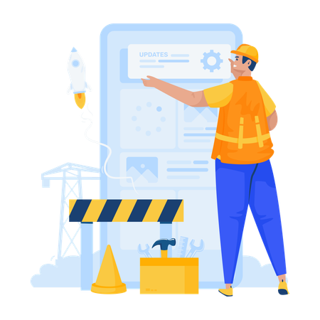 Técnico configurando uma exibição de tela móvel de atualização  Ilustração