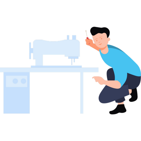 Técnico consertando máquina de costura  Ilustração