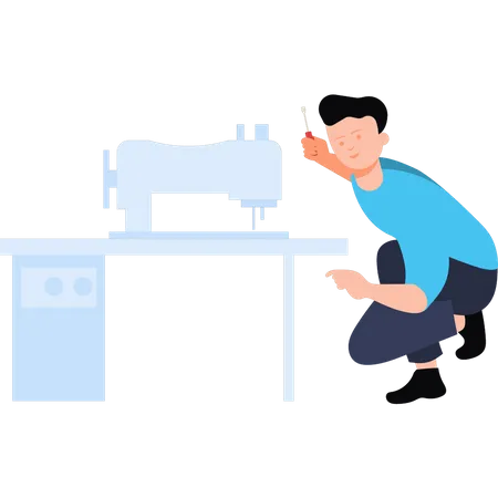 Técnico consertando máquina de costura  Ilustração