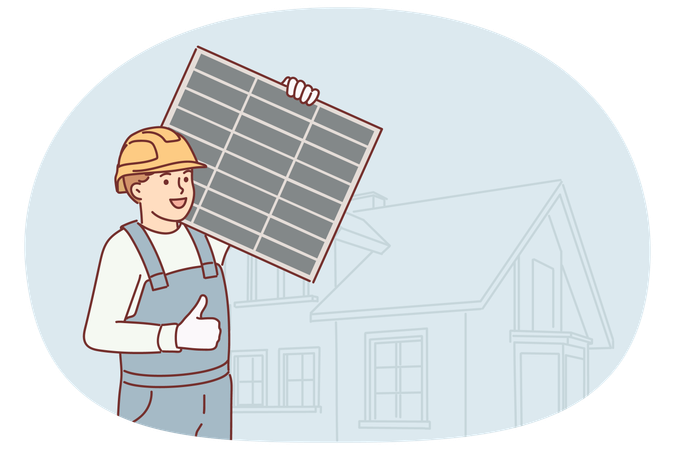 Técnico segurando painel solar para gerar eletricidade e mostrando polegares para cima  Ilustração