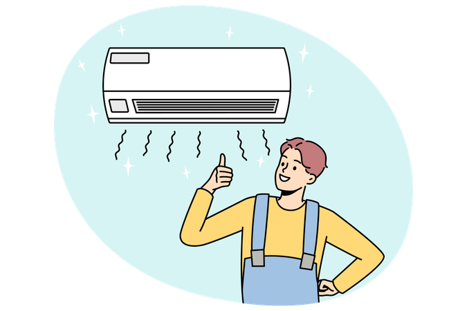 Técnico sorridente mostrando o polegar para cima instalando condicionador em ambientes fechados  일러스트레이션