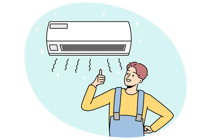 Técnico sorridente mostrando o polegar para cima instalando condicionador em ambientes fechados  일러스트레이션