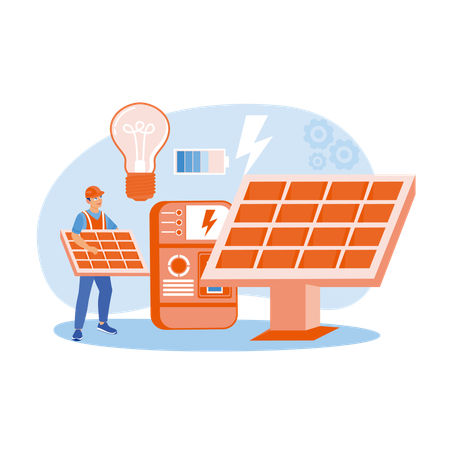 Técnico instalando painéis solares  Ilustração