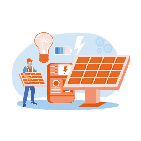 Técnico instalando painéis solares  Ilustração