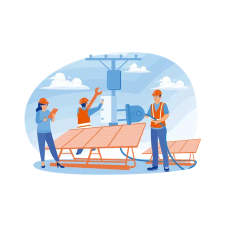 Técnicos trabajando en la instalación de paneles solares.  Ilustración