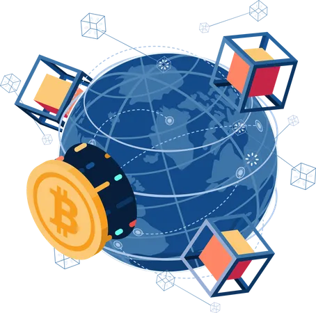 Bitcoin Isometrico Plano 3 D Y Tecnologia Blockchain Se Conectan Al Mundo Concepto De Tecnologia Bitcoin Y Blockchain Ilustración