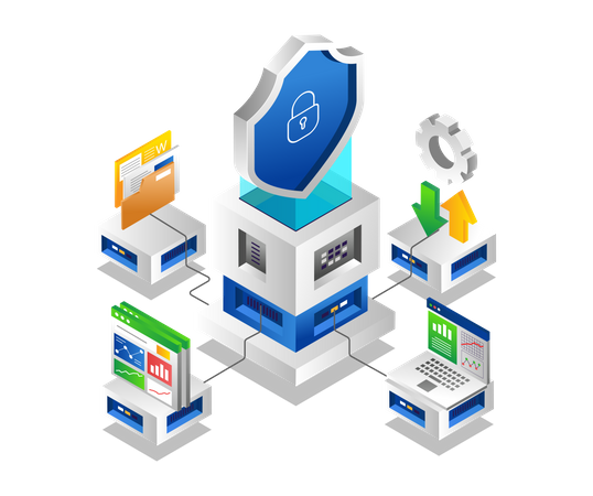 Red de servidores en la nube de tecnología de seguridad de datos  Ilustración