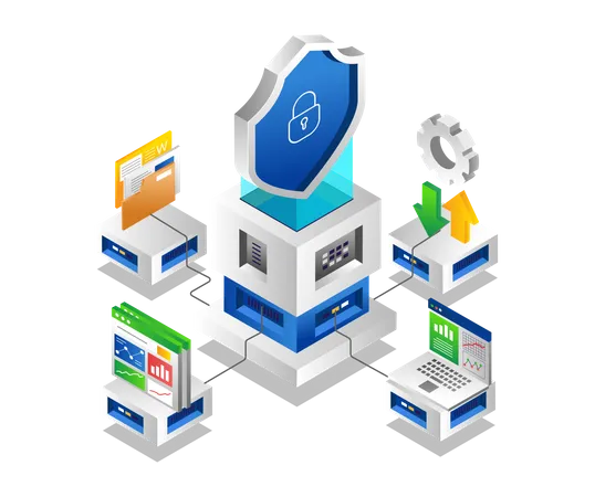 Red de servidores en la nube de tecnología de seguridad de datos  Ilustración