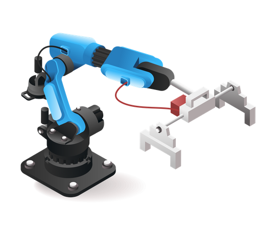 Herramienta tecnológica brazo robótico que transporta la industria del embalaje con inteligencia artificial  Ilustración