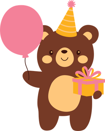 Teddy bear with birthday gift and balloon  Illustration