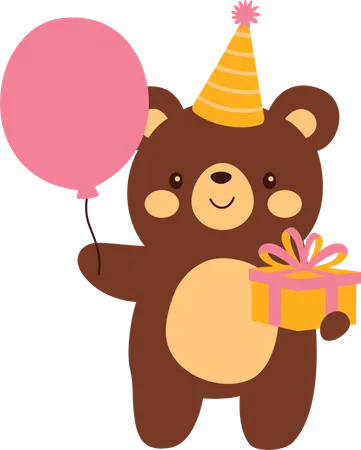 Teddy bear with birthday gift and balloon  Illustration