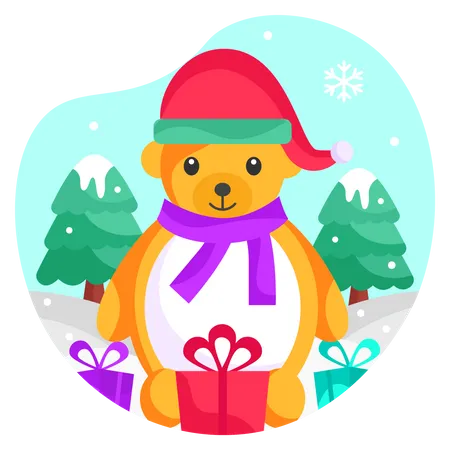 Teddy bear with Christmas gifts  Illustration