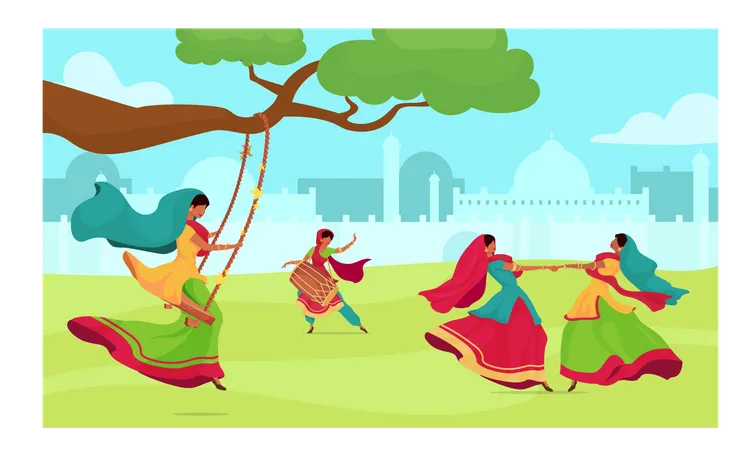 Teej Festival Flat Color Vector Illustration Woman Dance And Sing Traditional Religious Ceremony Female In Sari On Swing On Field Indian Woman 2 D Cartoon Characters With Cityscape On Background Illustration