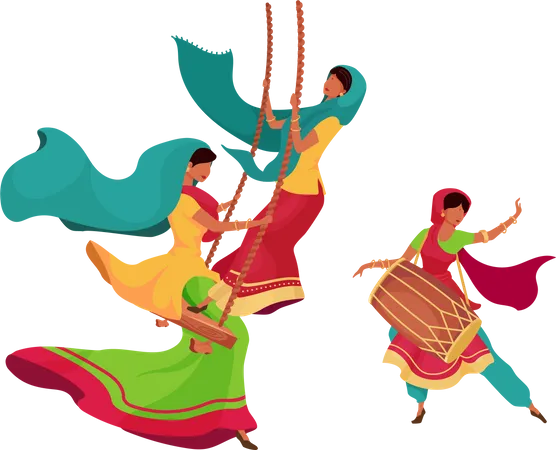 Teej Festival Celebration Flat Color Vector Faceless Characters Female On Swing Performer With Drum Woman In Traditional Saree Isolated Cartoon Illustration For Web Graphic Design And Animation Illustration