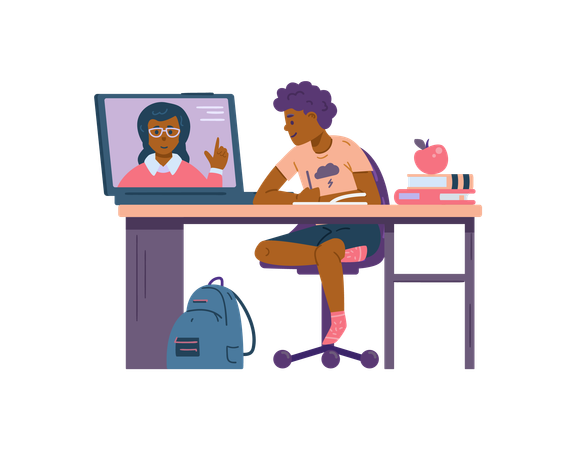 Teen boy character studying online at home  Illustration