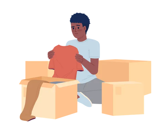 Teen boy decluttering clothes in boxes  Illustration