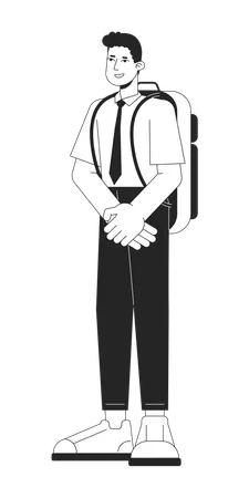 Teen Boy In School Uniform Flat Line Black White Vector Character Editable Outline Full Body Young Caucasian Boy Education Character Simple Cartoon Isolated Spot Illustration For Web Graphic Design Illustration