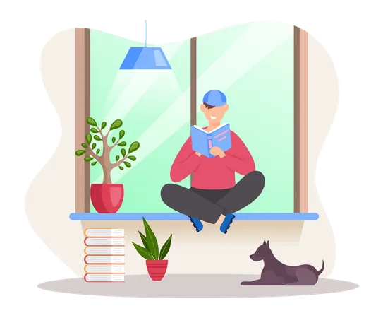 Teen Boy Sitting On Windowsill And Reading Book Child Spending Weekend At Home And Relaxing Rest At Home With Textbook Prepares Homework For School Leisure Pastime At Apartment Student Teenager Illustration