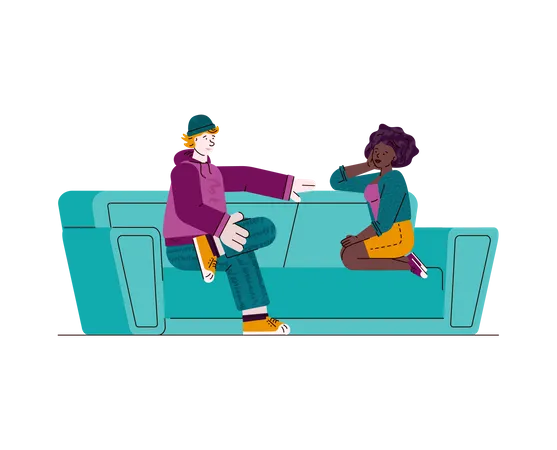 Teen couple sitting on sofa and talking Illustration