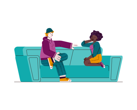 Teen couple sitting on sofa and talking  Illustration