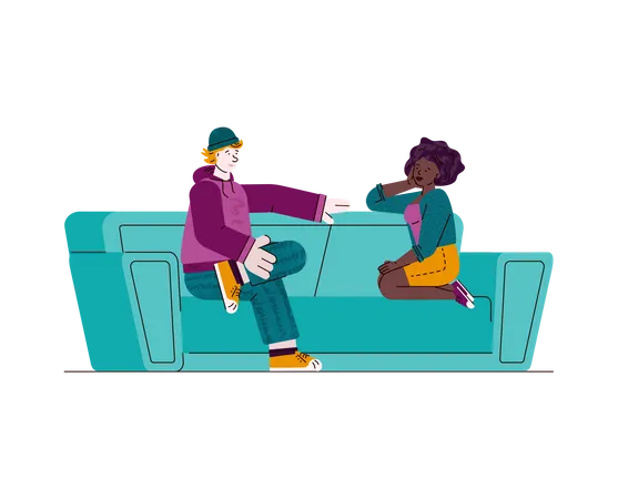 Teen couple sitting on sofa and talking  Illustration