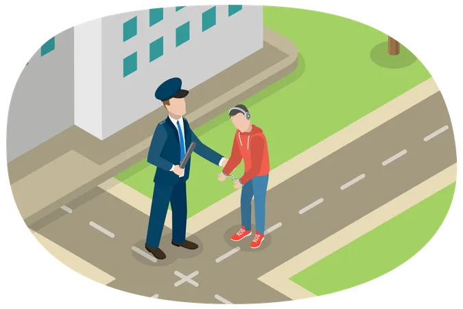 3 D Isometric Flat Vector Conceptual Illustration Of Teen Criminal A Policeman Arrested A Young Criminal Illustration