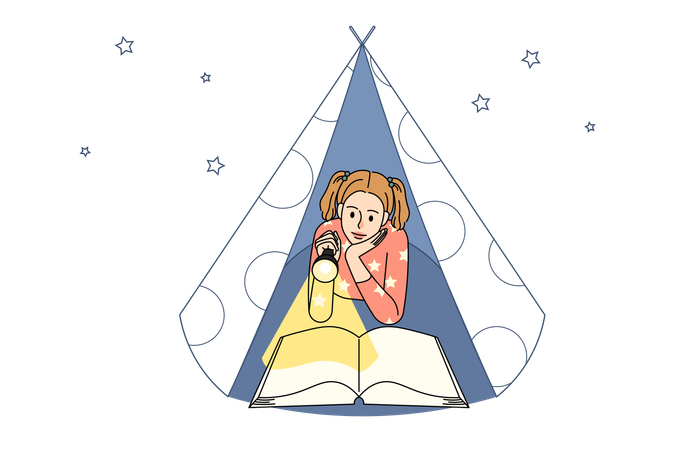 Teen girl child reading with flashlight  Illustration