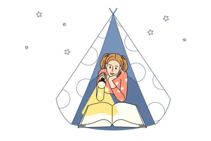 Teen girl child reading with flashlight  Illustration