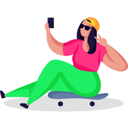 Teen girl clicking selfie while sitting on skateboard  イラスト