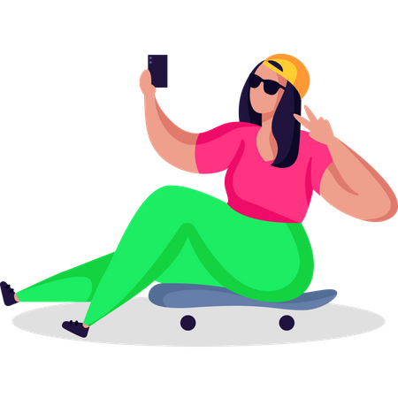 Teen girl clicking selfie while sitting on skateboard  Illustration