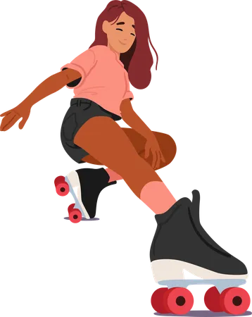 Teen Girl Glides On Roller Skates  Illustration