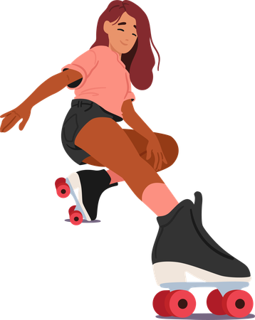 Teen Girl Glides On Roller Skates  Illustration