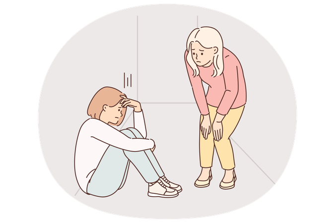 Teen girl is crying sitting on floor in corridor near sister  Illustration