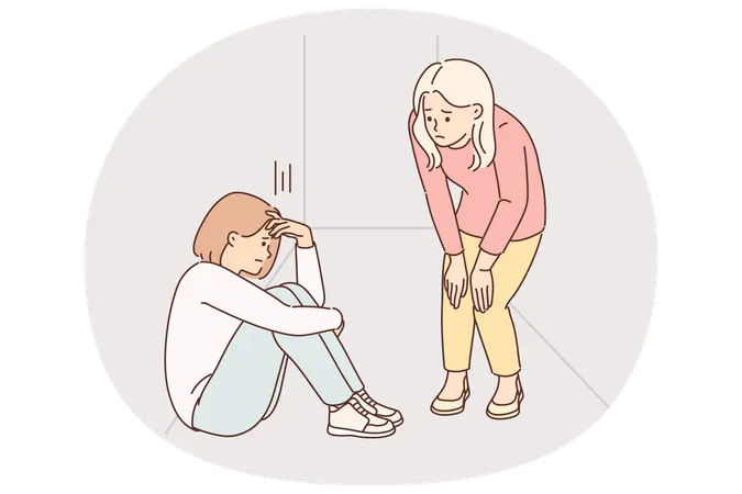 Teen girl is crying sitting on floor in corridor near sister  Illustration