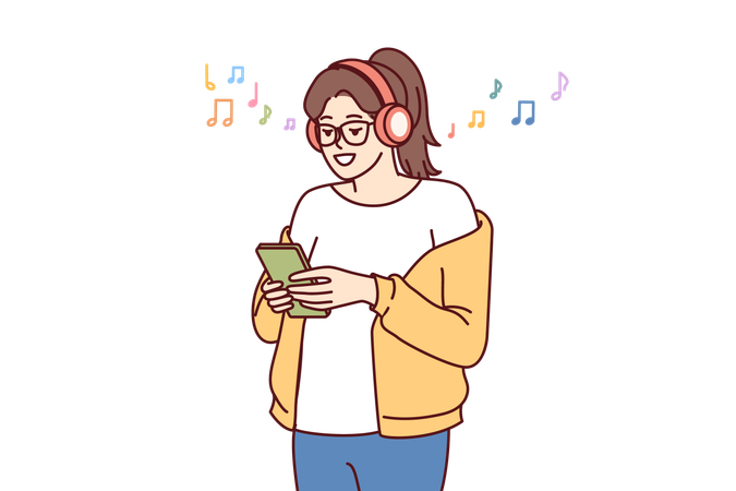 Teen girl listens music on headphones and holds phone  イラスト