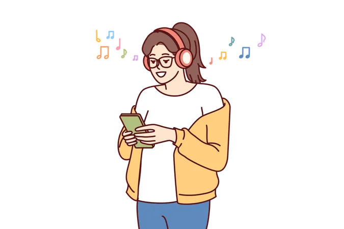 Teen girl listens music on headphones and holds phone  Illustration