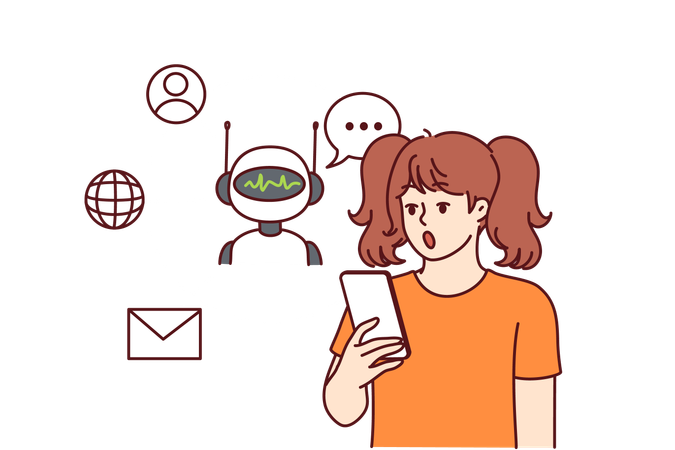 Teen girl uses chatbot for chatting  Illustration