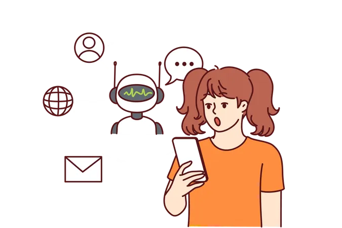 Teen Girl With Phone Uses Chatbot Or Robotic App With Artificial Intelligence And Opens Mouth In Surprise At Possibilities Of AI Neural Networks Surprised Girl Using Smartphone With AI Programs Illustration