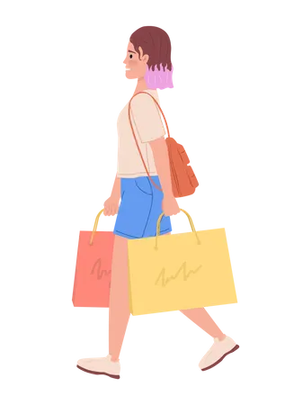Teen girl with colorful hair strolling with bags Illustration