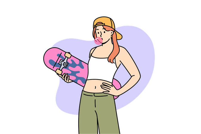 Teen girl with skateboard and inflates bubble from gum while demonstrating involvement in youth subculture  Illustration