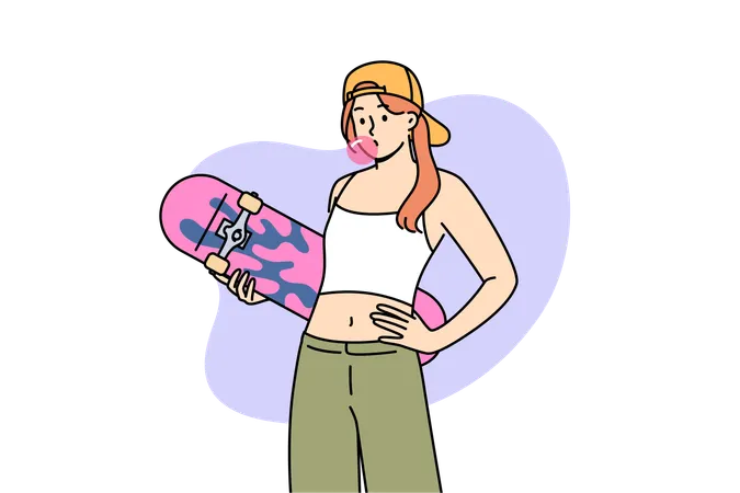 Teen girl with skateboard and inflates bubble from gum while demonstrating involvement in youth subculture  Illustration