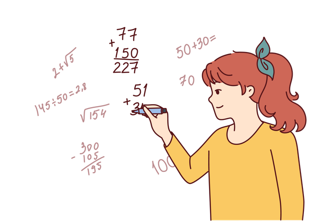 Teen girl writes complex mathematical formulas on blackboard  Illustration