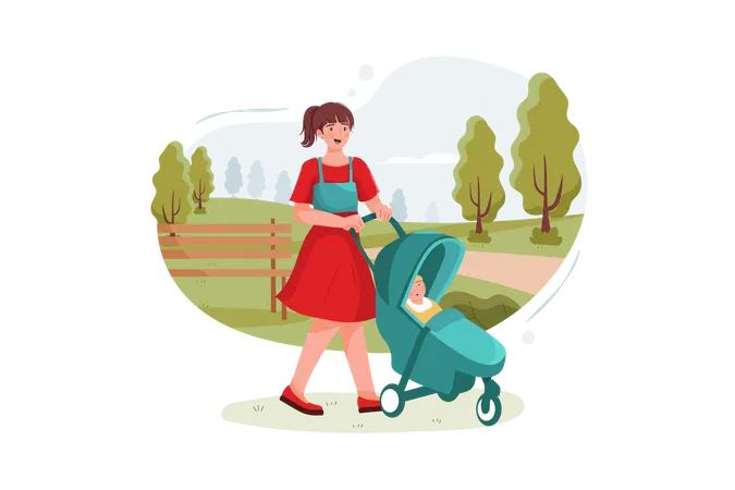 Teen nanny with cute baby in stroller playing in park  Illustration