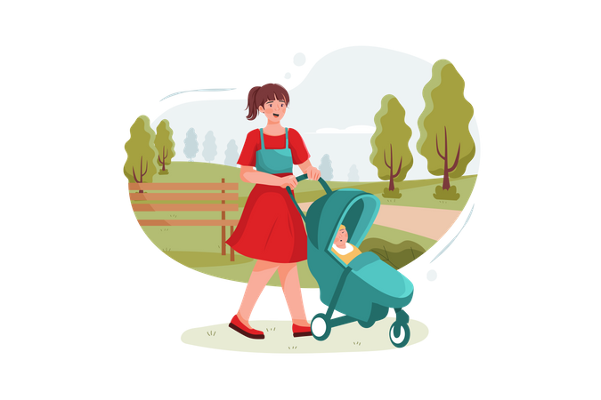 Teen nanny with cute baby in stroller playing in park  Illustration