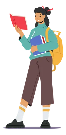 Teen school girl wearing backpack and reading book Illustration