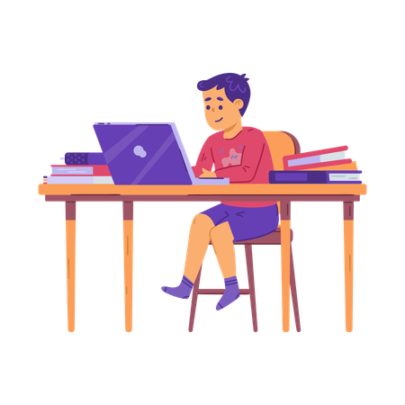 Teen sitting at desk with computer and books  Illustration