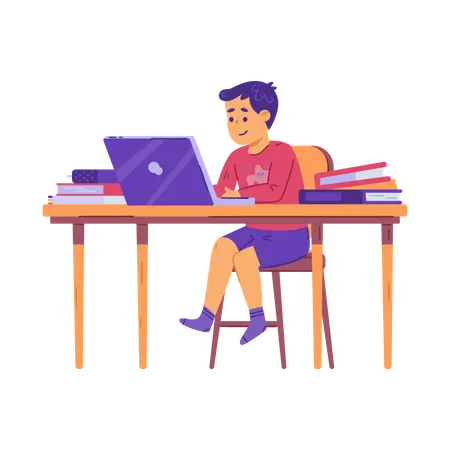 Teen sitting at desk with computer and books  Illustration