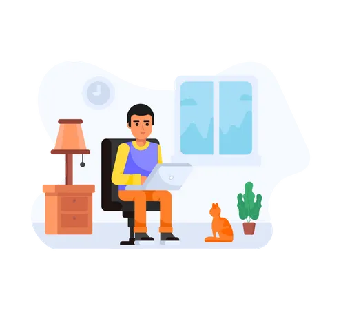 Teen sitting on chair and working from home  Illustration