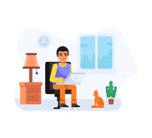 Teen sitting on chair and working from home  Illustration